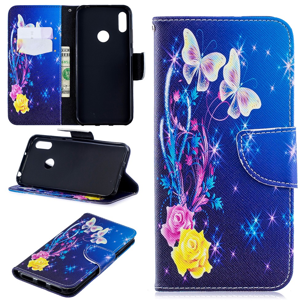 Pattern Printing PU Leather Wallet Mobile Phone Cover for Huawei Y6 (2019, with Fingerprint Sensor) / Y6 Prime (2019) - Roses and Butterflies-1
