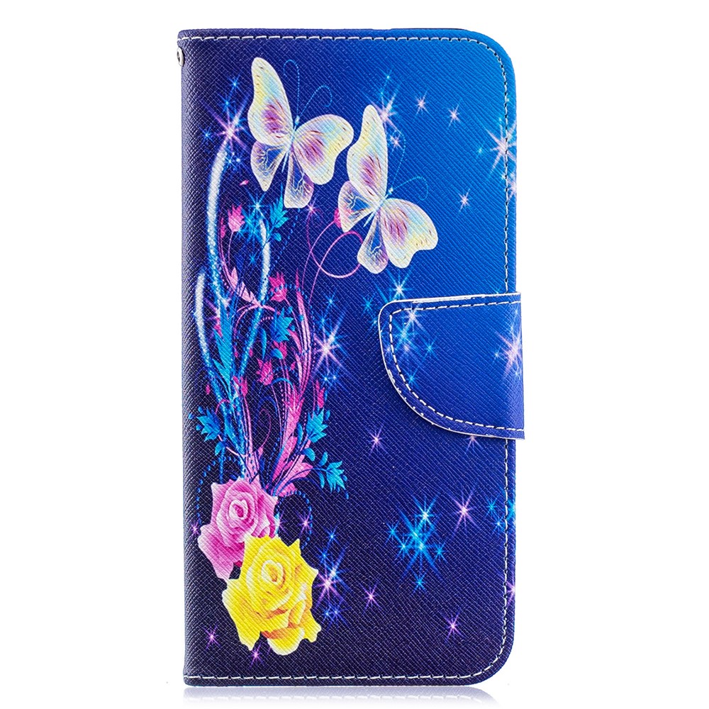 Pattern Printing PU Coperchio Per Controllo Per Controllo PU Pua Per Huawei Y6 (2019, Con Sensore di Impronte Digitali) / Y6 Prime (2019) - Rose e Farfalle-4