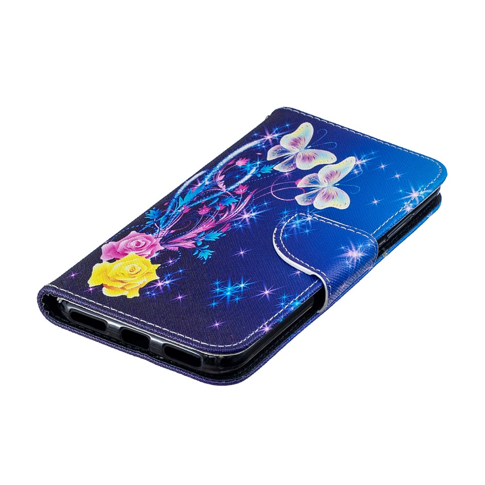 Pattern Printing PU Coperchio Per Controllo Per Controllo PU Pua Per Huawei Y6 (2019, Con Sensore di Impronte Digitali) / Y6 Prime (2019) - Rose e Farfalle-8