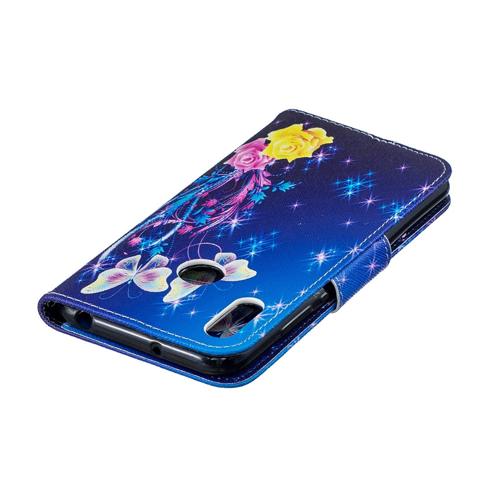 Pattern Printing PU Coperchio Per Controllo Per Controllo PU Pua Per Huawei Y6 (2019, Con Sensore di Impronte Digitali) / Y6 Prime (2019) - Rose e Farfalle-9