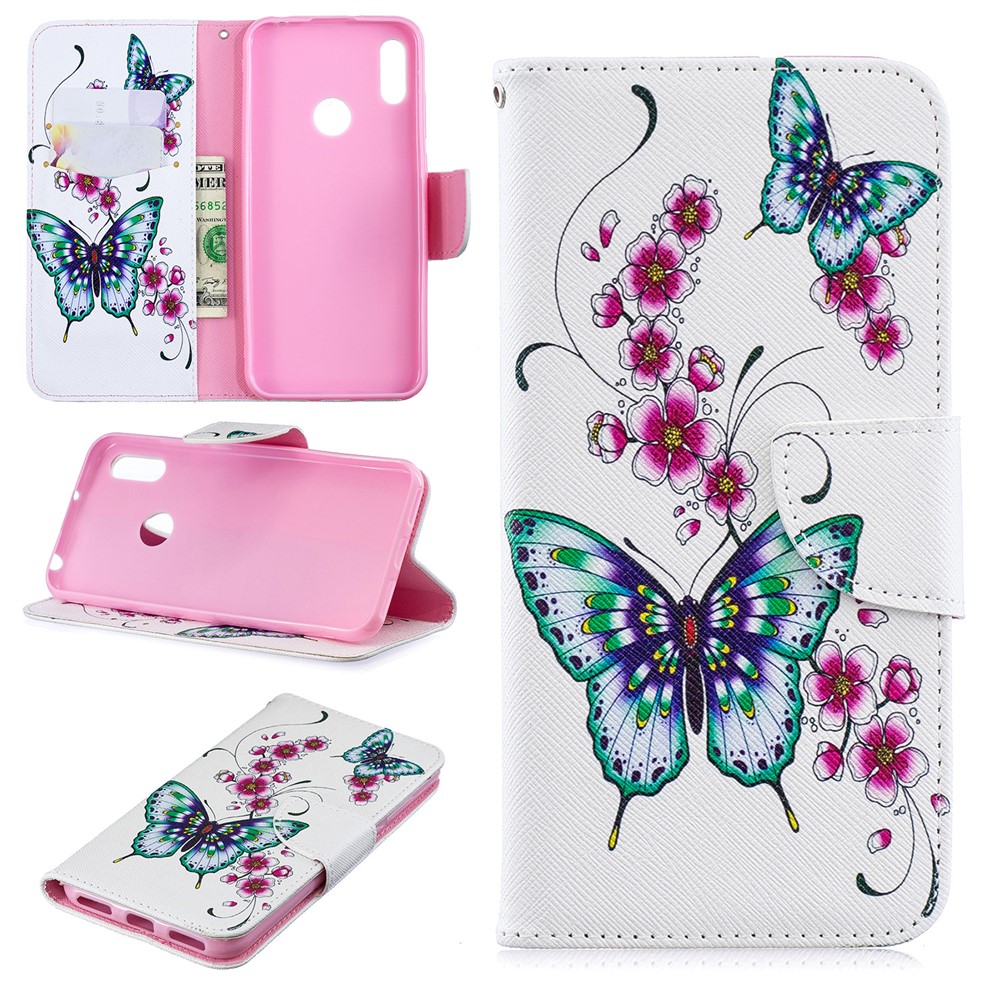 Pattern Printing PU Leather Wallet Mobile Phone Cover for Huawei Y6 (2019, with Fingerprint Sensor) / Y6 Prime (2019) - Green Butterfly and Flower Pattern-1