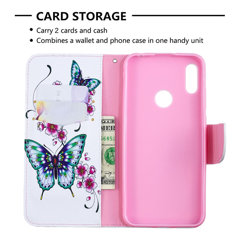 Pattern Printing PU Leather Wallet Mobile Phone Cover for Huawei Y6 (2019, with Fingerprint Sensor) / Y6 Prime (2019) - Green Butterfly and Flower Pattern-3