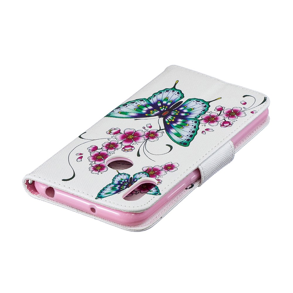 Pattern Printing PU Leather Wallet Mobile Phone Cover for Huawei Y6 (2019, with Fingerprint Sensor) / Y6 Prime (2019) - Green Butterfly and Flower Pattern-9