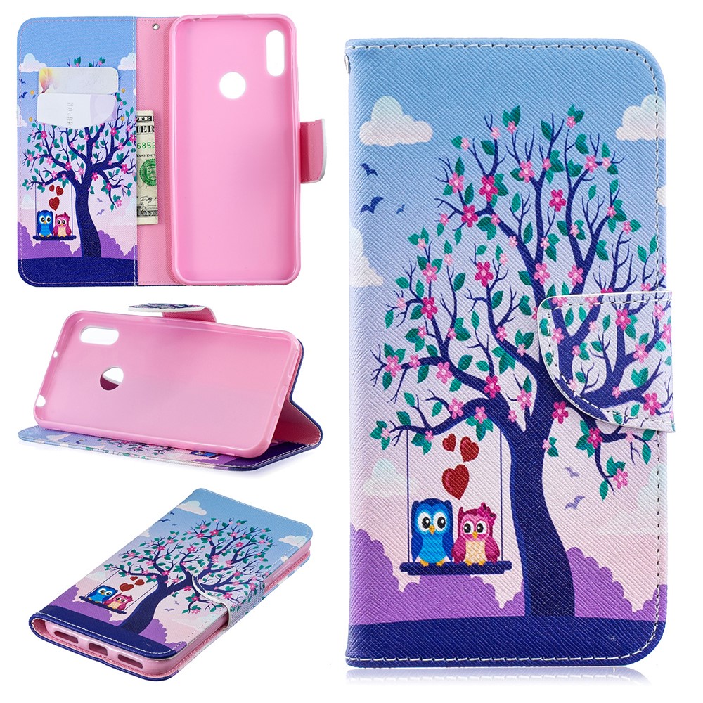 Pattern Printing PU Leather Wallet Mobile Phone Cover for Huawei Y6 (2019, with Fingerprint Sensor) / Y6 Prime (2019) - Two Swinging Owls-1