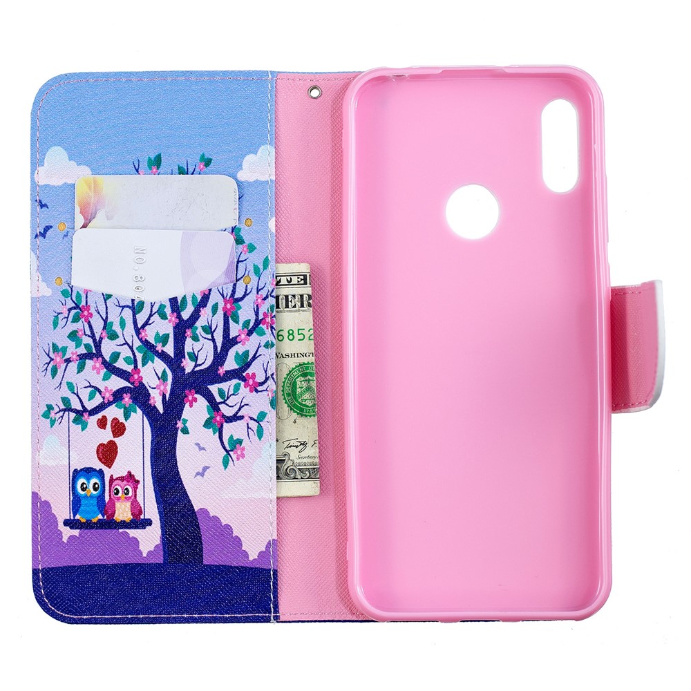 Pattern Printing PU Leather Wallet Mobile Phone Cover for Huawei Y6 (2019, with Fingerprint Sensor) / Y6 Prime (2019) - Two Swinging Owls-10