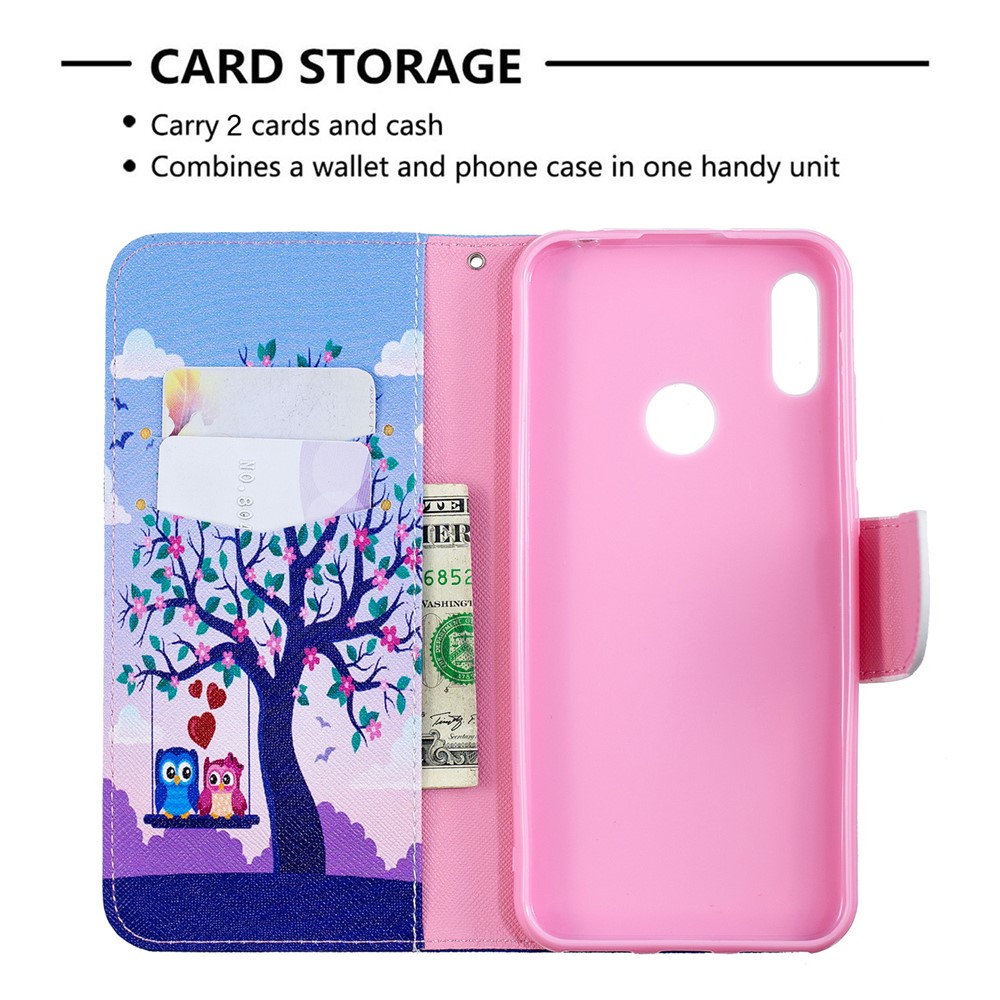 Pattern Printing PU Leather Wallet Mobile Phone Cover for Huawei Y6 (2019, with Fingerprint Sensor) / Y6 Prime (2019) - Two Swinging Owls-3