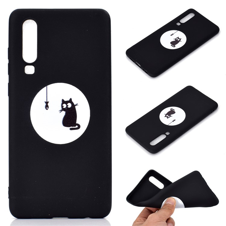 Matte Pattern Printing TPU Cell Phone Case for Huawei P30 - Cat and Fish-1