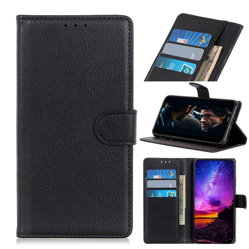 Litchi Skin PU Leder Brieftasche Für Huawei Y6 (2019, Mit Fingerabdrucksensor) / Y6 Prime (2019) - Schwarz