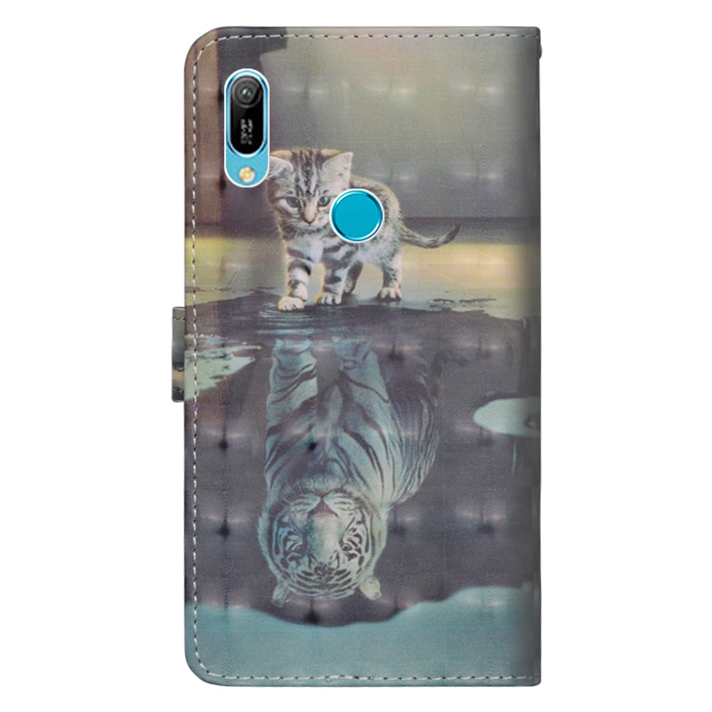 Light Spot Decor Patterned Leather Wallet Case for Huawei Y6 (2019, with Fingerprint Sensor) / Y6 Prime (2019) - Cat and Reflection in Water-4