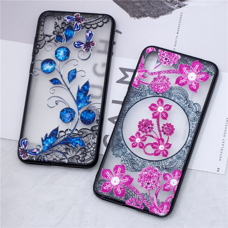 Embossment Lace Flower PC TPU Combo Mobile Phone Case for Huawei Enjoy 9 / Y7 Pro (2019) - Pink Flower-5
