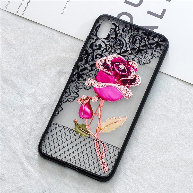 Embossment Lace Flower PC TPU Combo Mobile Phone Case for Huawei Enjoy 9 / Y7 Pro (2019) - Rose-4