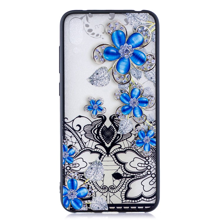 Embossment Lace Flower PC TPU Combo Mobile Phone Case for Huawei Enjoy 9 / Y7 Pro (2019) - Blue Flower-1
