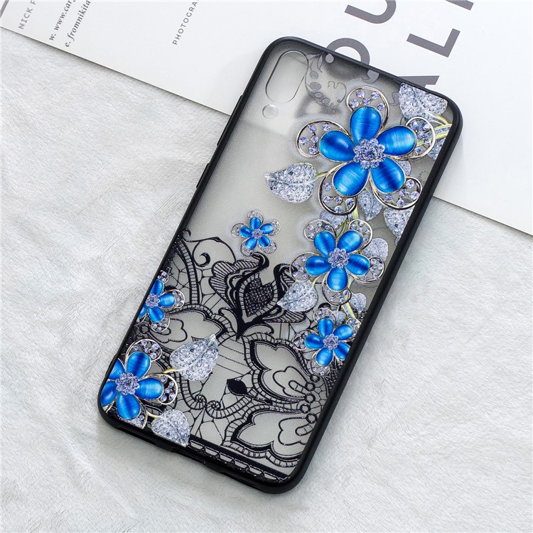 Embossment Lace Flower PC TPU Combo Mobile Phone Case for Huawei Enjoy 9 / Y7 Pro (2019) - Blue Flower-4