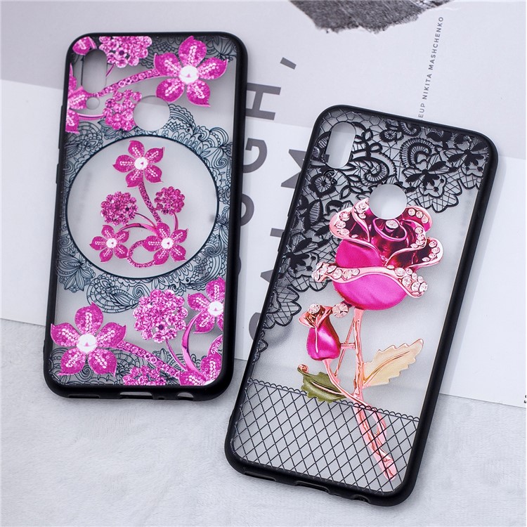Embossment Lace Flower PC TPU Combo Mobile Phone Case for Huawei P Smart (2019) - Rose-5