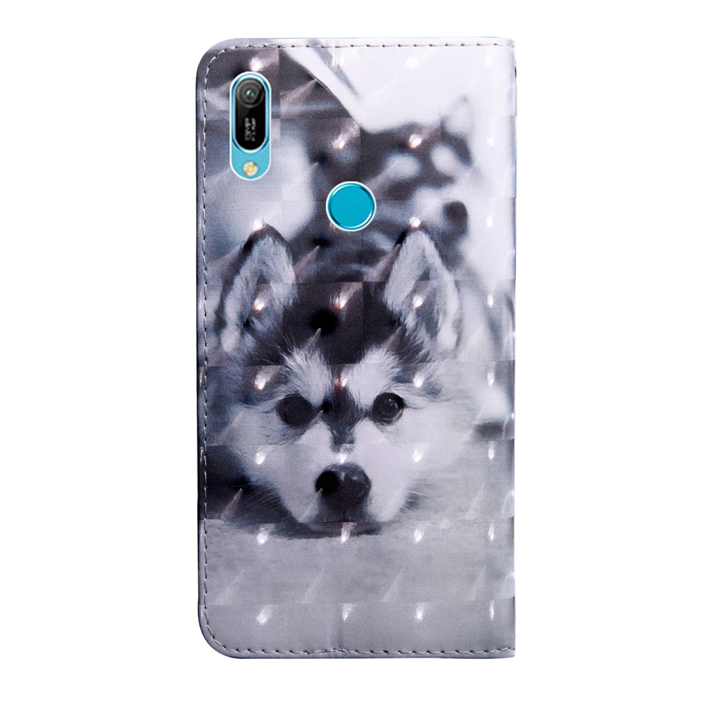 Light Spot Decor Patterned Leather Wallet Case for Huawei Y6 (2019, with Fingerprint Sensor) / Y6 Prime (2019) - Black and White Wolf-3