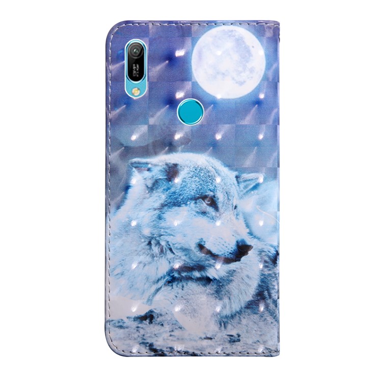 Light Spot Decor Fase de Cuero Estampada Para Huawei Y6 (2019, Con Sensor de Huellas Digitales) / Y6 Prime (2019) - Lobo Blanco