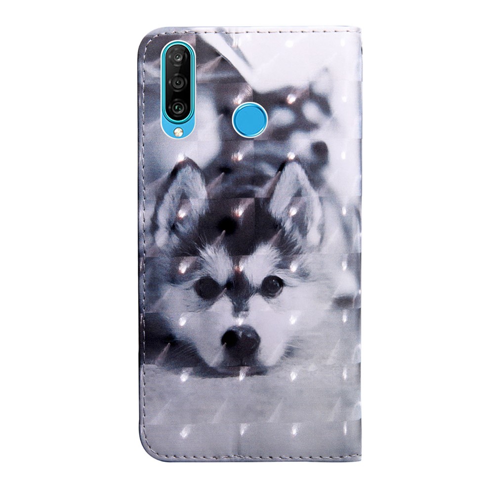 Light Spot Decor Patterned Leather Wallet Stand Case for Huawei P30 Lite New Edition/P30 Lite/nova 4e - Black and White Wolf-3