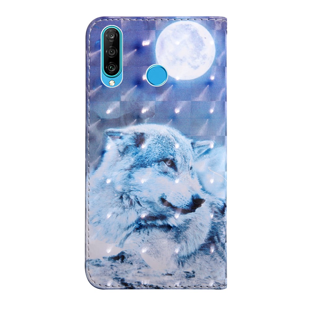Light Spot Decor Patterned Leather Wallet Stand Case for Huawei P30 Lite New Edition/P30 Lite/nova 4e - White Wolf-3