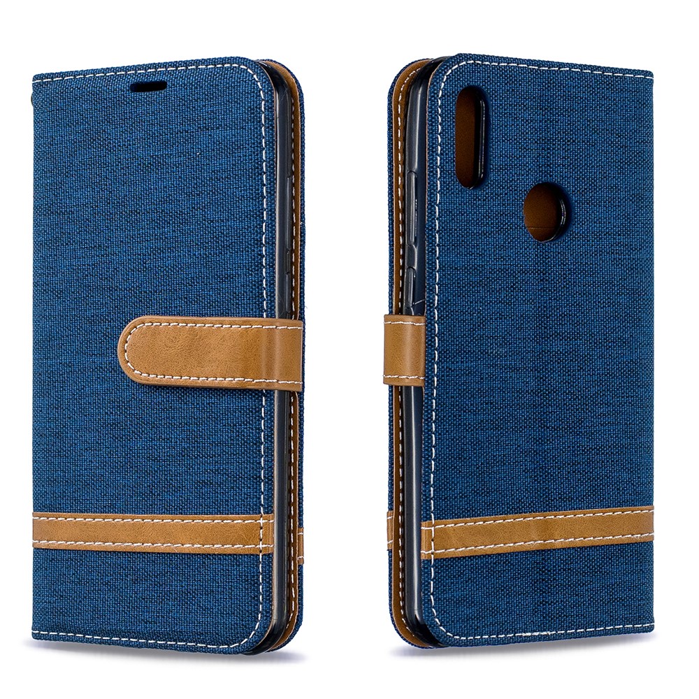 Etui Portable En Cuir PU Bicolore En Jean Pour Huawei Y6 (2019) / Y6 Pro (2019) / Y6 Prime (2019) - Bleu Foncé-10