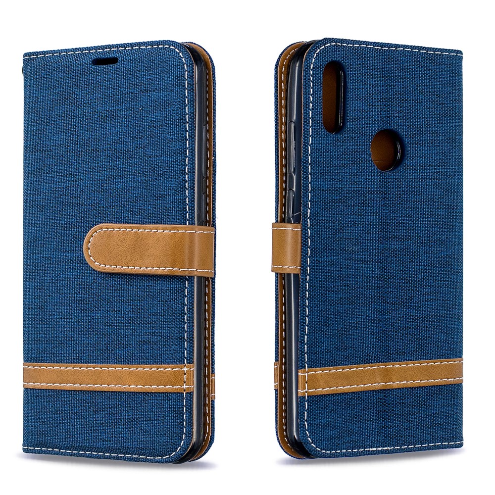 Case Móvil de Cuero Jean PU de Dos Tonos Para Huawei Y6 (2019, Con Sensor de Huellas Digitales) / Y6 Prime (2019) - Azul Oscuro