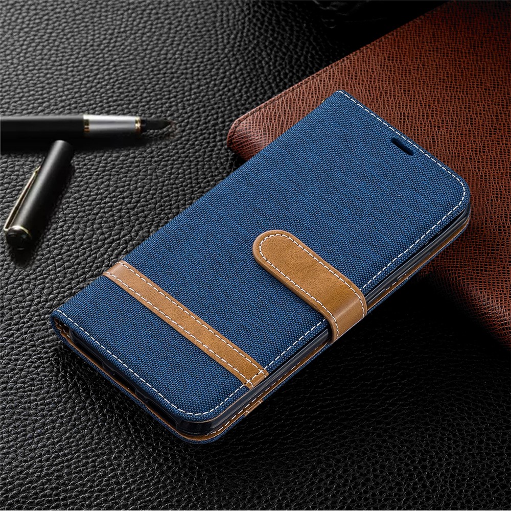 Étui Mobile en Cuir PU en Tissu en Jean Bicolore Pour Huawei Y6 (2019, Avec Capteur D'empreintes Digitales) / Y6 Prime (2019) - Bleu Foncé-11