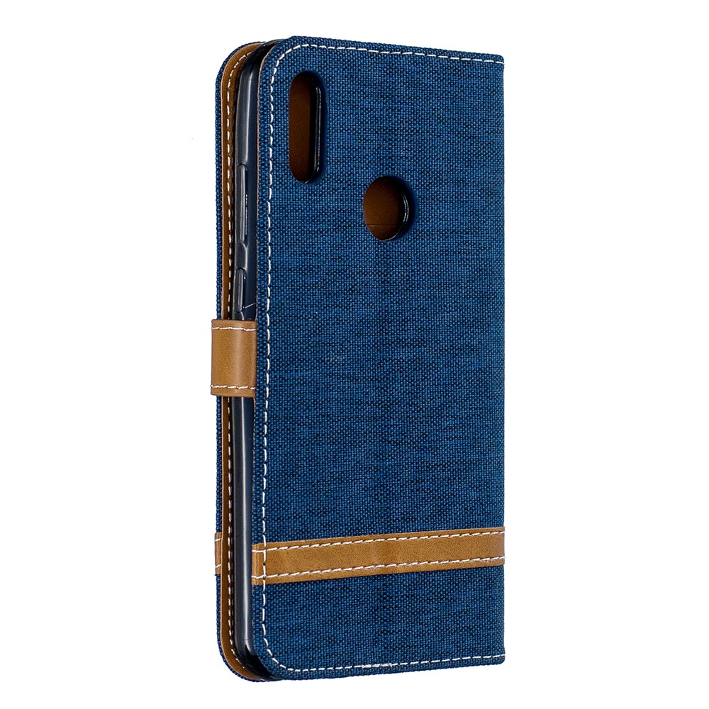 Caso Móvel de Couro Jean Cloth po de Dois Tons Para Huawei Y6 (2019, Com Sensor de Impressão Digital) / Y6 Prime (2019) - Azul Escuro