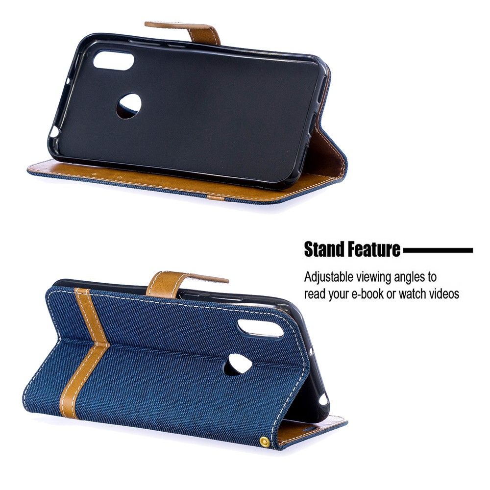 Etui Portable En Cuir PU Bicolore En Jean Pour Huawei Y6 (2019) / Y6 Pro (2019) / Y6 Prime (2019) - Bleu Foncé-4