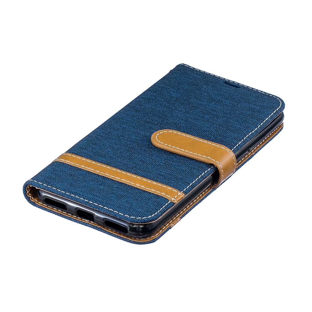 Étui Mobile en Cuir PU en Tissu en Jean Bicolore Pour Huawei Y6 (2019, Avec Capteur D'empreintes Digitales) / Y6 Prime (2019) - Bleu Foncé