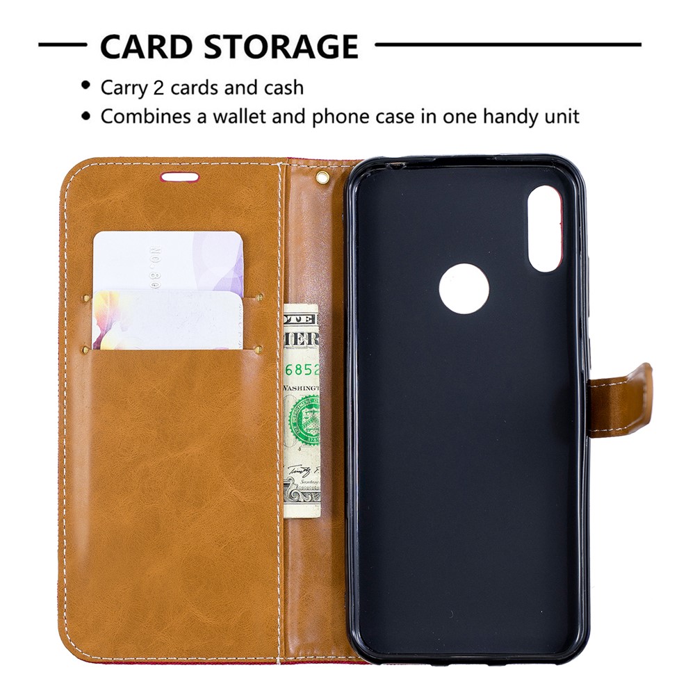 Etui Portable En Cuir PU Bicolore En Jean Pour Huawei Y6 (2019) / Y6 Pro (2019) / Y6 Prime (2019) - Bleu Foncé-9