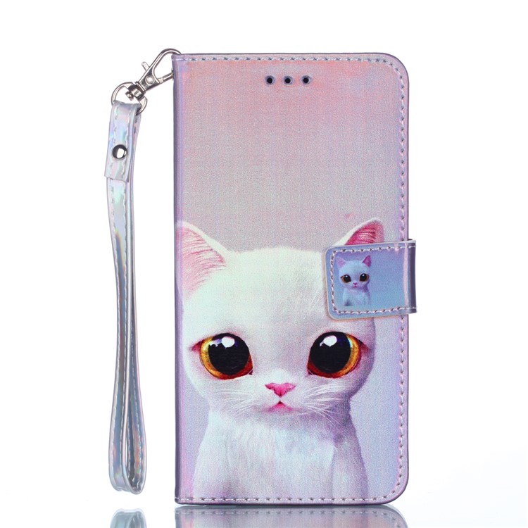 For Huawei P30 Laser Carving Patterned Leather Wallet Stand Cover - White Cat-2