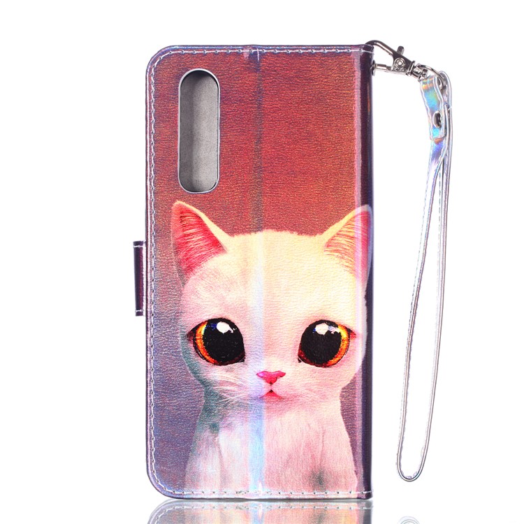 For Huawei P30 Laser Carving Patterned Leather Wallet Stand Cover - White Cat-4