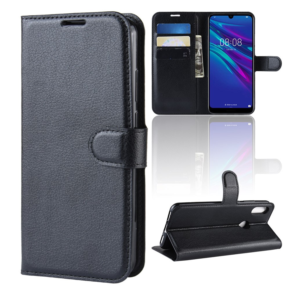 Litchi Texture Wallet Stand Leather Protector Cover for Huawei Y6 (2019, with Fingerprint Sensor) / Y6 Prime (2019) - Black-2