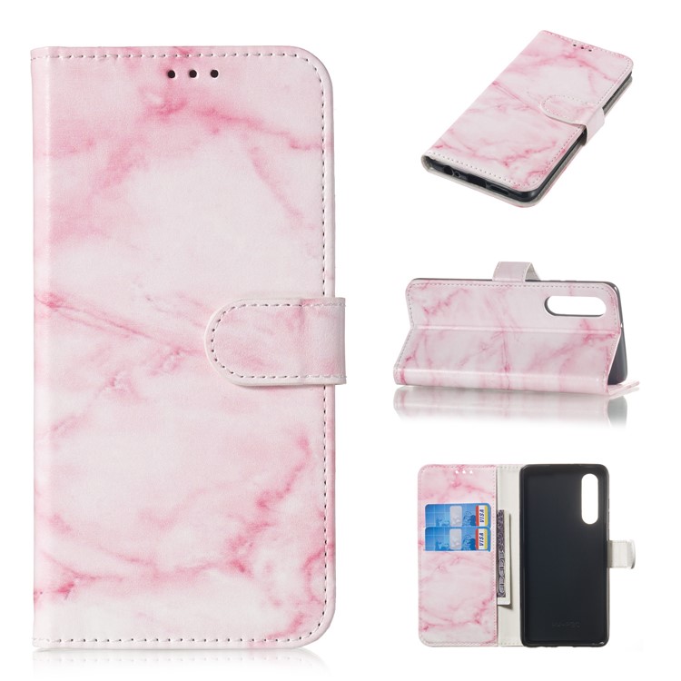 Pattern Printing Leather Wallet Stand Case for Huawei P30 - Pink Marble-1