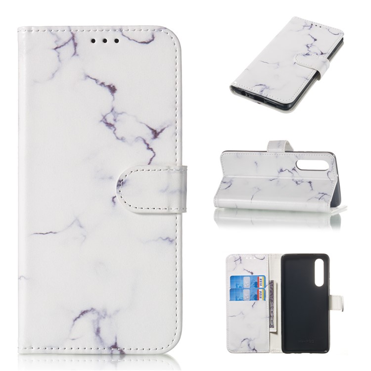 Brieftaschenständer Aus Leder Mit Musterdruck Für Huawei P30 - Weisser Marmor-1