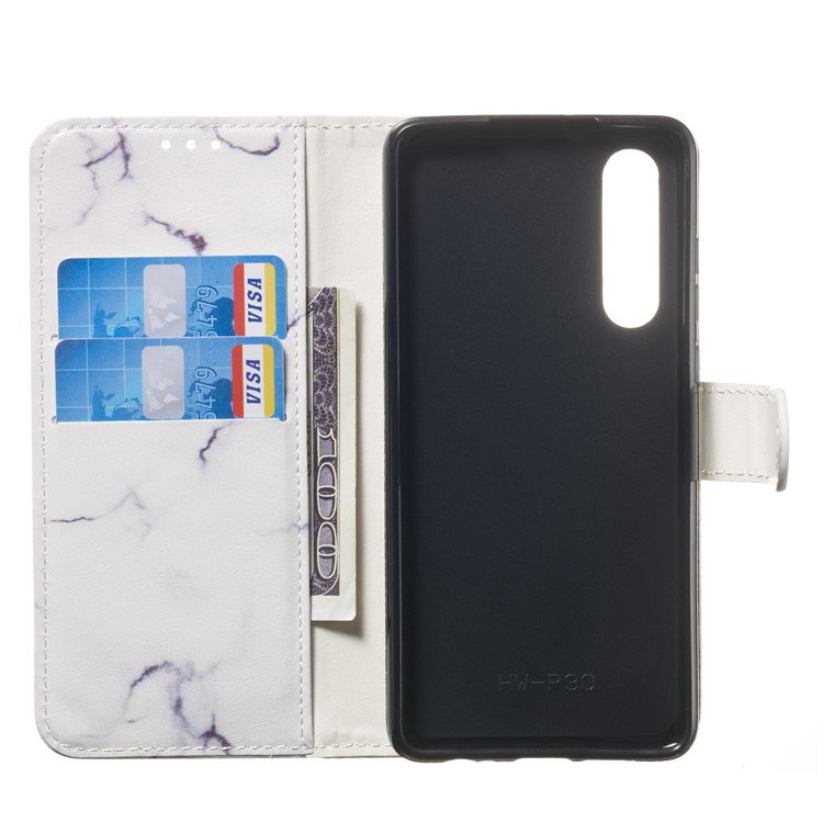 Brieftaschenständer Aus Leder Mit Musterdruck Für Huawei P30 - Weisser Marmor-2