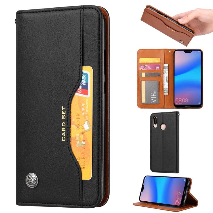 Auto-absorbed Wallet Stand Flip Leather Case for Huawei Y7 (2019) - Black-1