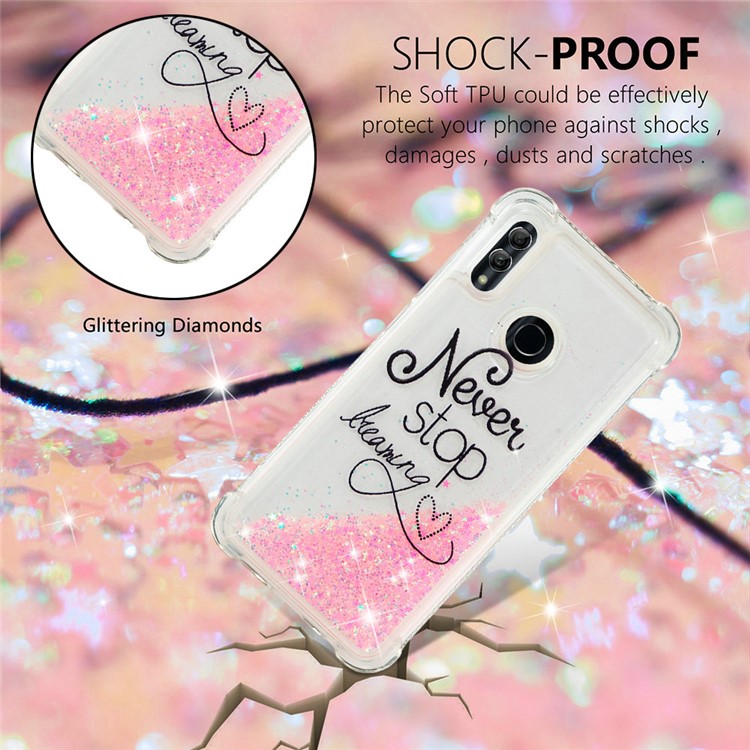 Liquid Glitter Powder Patterned Quicksand Shockproof TPU Back Case for Huawei Honor 10 Lite / P Smart (2019) - Never Stop Dreaming-5