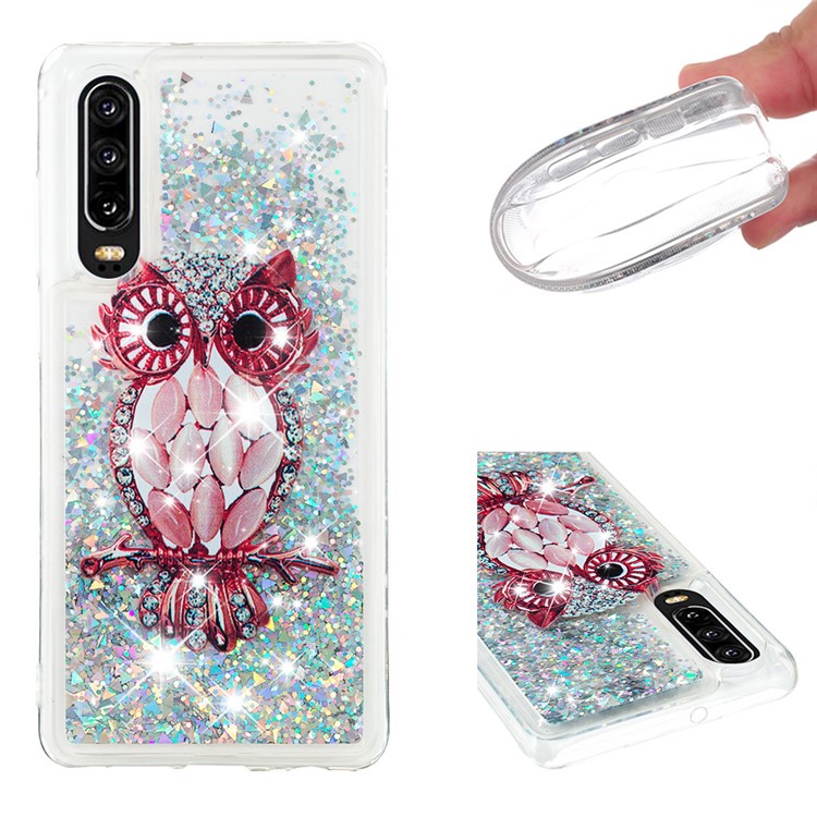 Moving Glitter Powder Sequins Patterned TPU Case for Huawei P30 - Owl-1