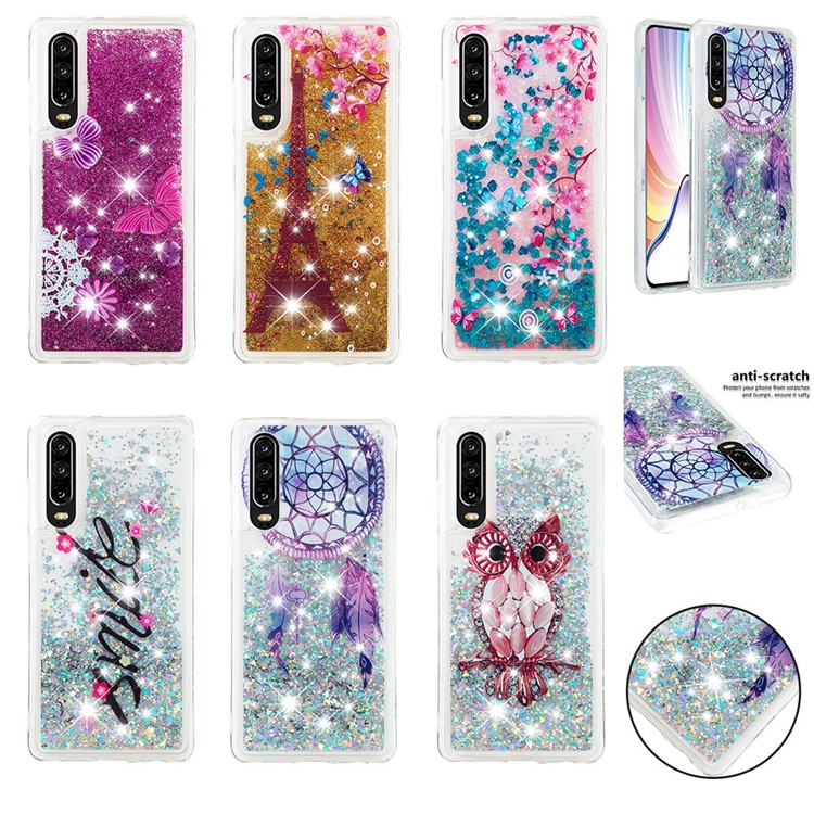 Moving Glitter Powder Sequins Patterned TPU Case for Huawei P30 - Owl-8