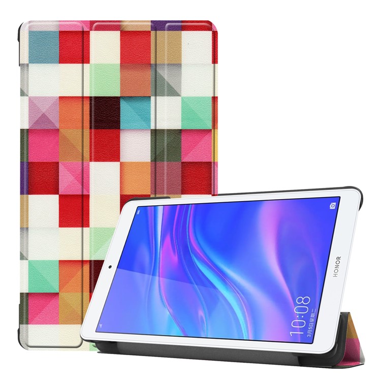 Pattern Printing Leather Tablet Cover with Tri-fold Stand for Huawei Honor Tab 5/T5 8.0 - Colorful Triangles Grids-1