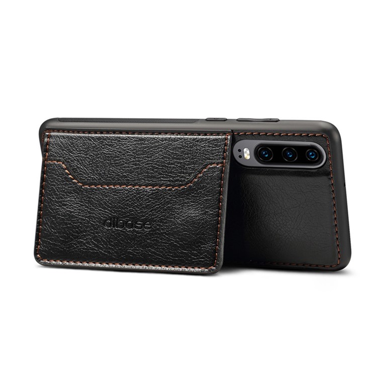 For Huawei P30 Crazy Horse Leather Coated TPU Mobile Casing with Card Holder Kickstand - Black-2