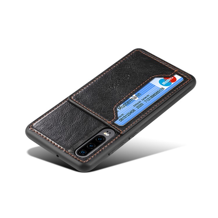 For Huawei P30 Crazy Horse Leather Coated TPU Mobile Casing with Card Holder Kickstand - Black-3