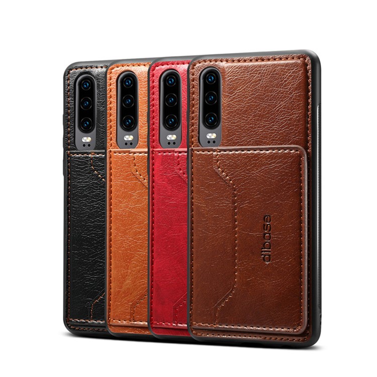 For Huawei P30 Crazy Horse Leather Coated TPU Mobile Casing with Card Holder Kickstand - Black-5