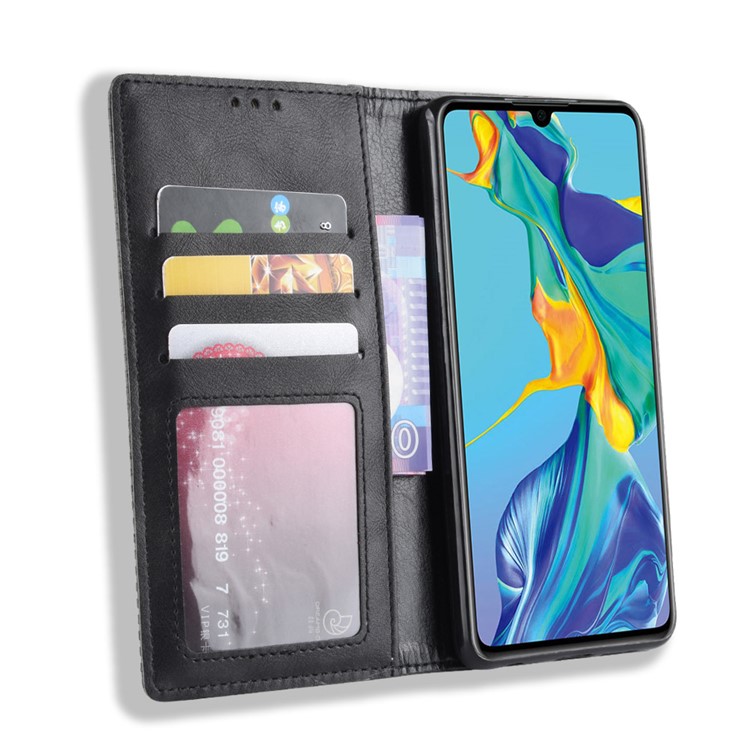 Auto-absorbed Vintage Leather Wallet Mobile Phone Cover for Huawei P30 - Black-5