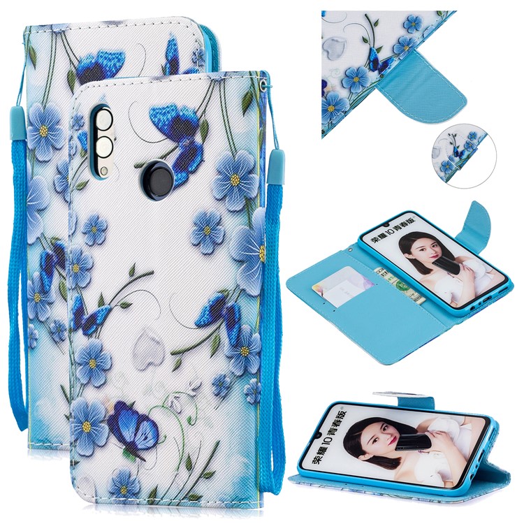 Capa Protetora De Suporte De Couro Estampado Com Alça Para Huawei Honor 10 Lite / P Smart (2019) - Flor Azul E Borboleta