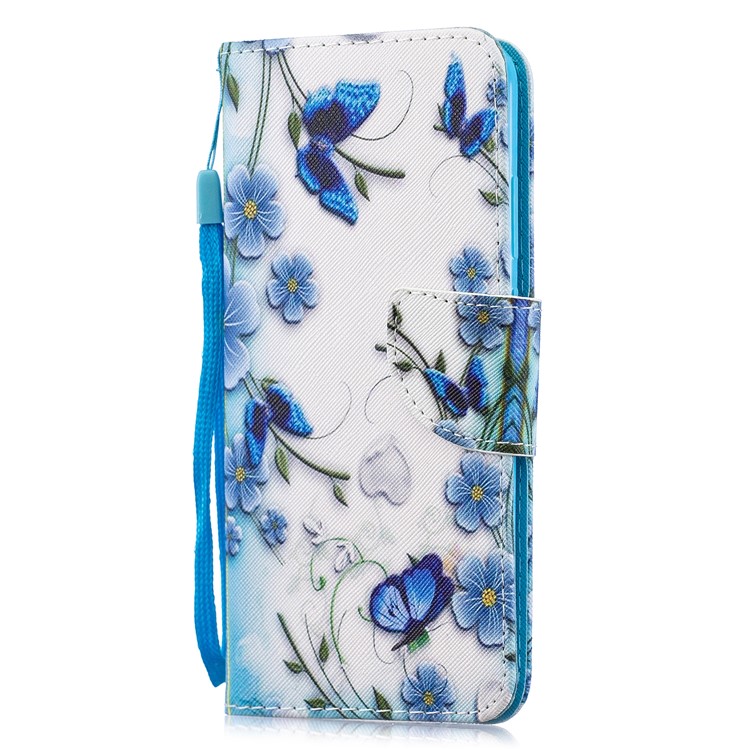 Capa Protetora De Suporte De Couro Estampado Com Alça Para Huawei Honor 10 Lite / P Smart (2019) - Flor Azul E Borboleta