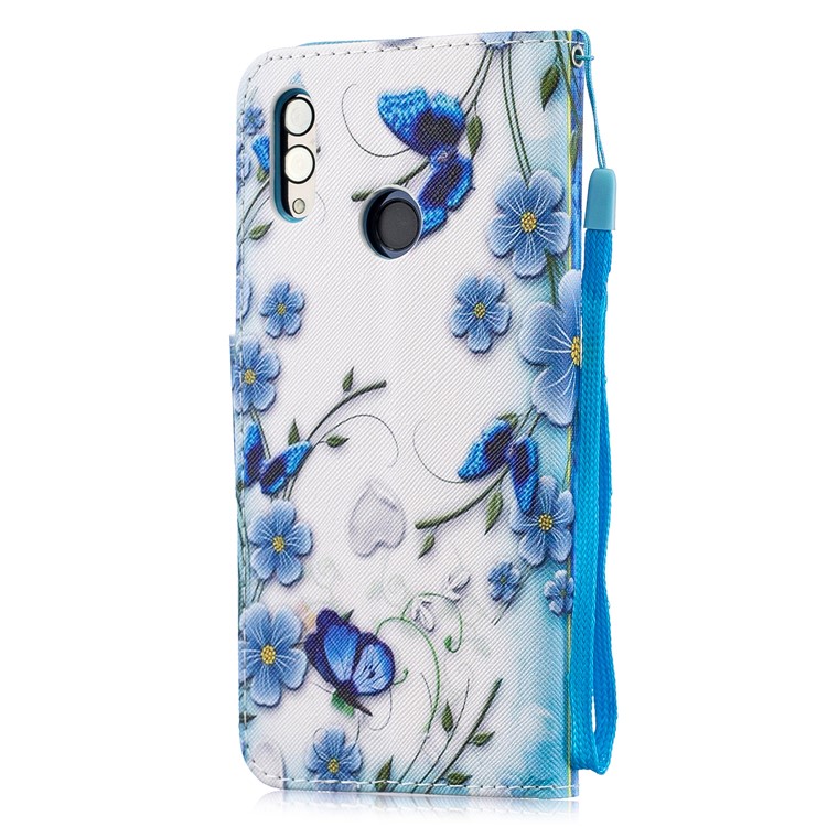 Capa Protetora De Suporte De Couro Estampado Com Alça Para Huawei Honor 10 Lite / P Smart (2019) - Flor Azul E Borboleta