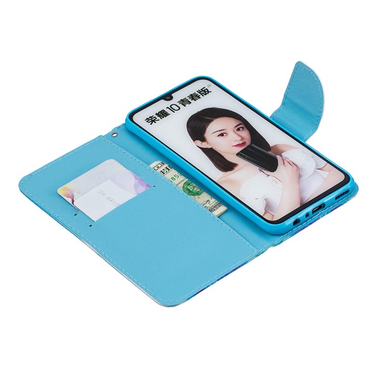 Capa Protetora De Suporte De Couro Estampado Com Alça Para Huawei Honor 10 Lite / P Smart (2019) - Flor Azul E Borboleta