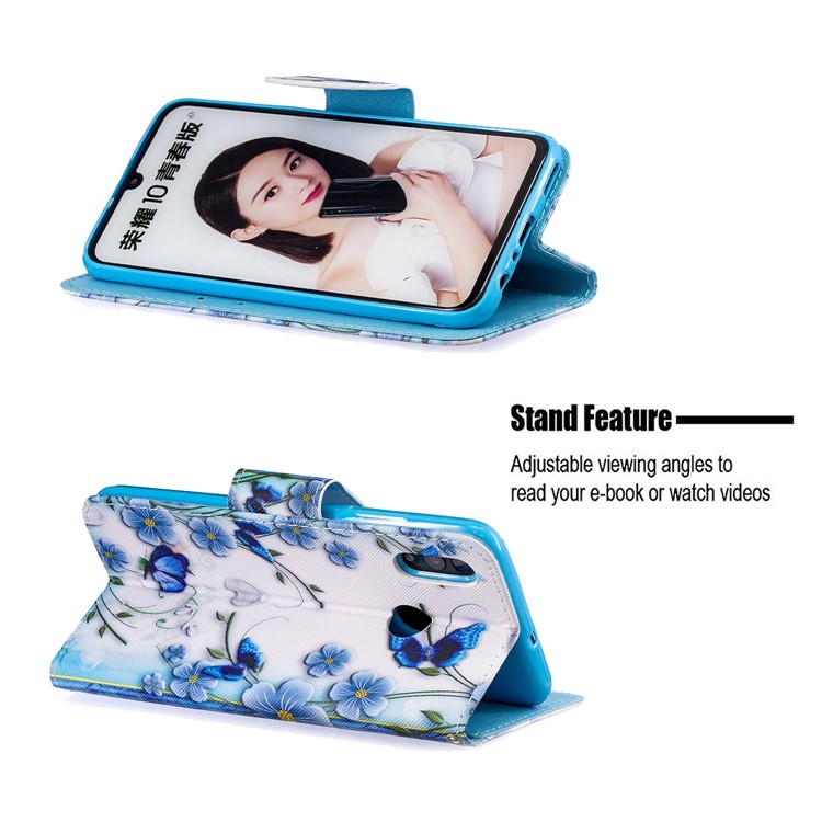 Capa Protetora De Suporte De Couro Estampado Com Alça Para Huawei Honor 10 Lite / P Smart (2019) - Flor Azul E Borboleta