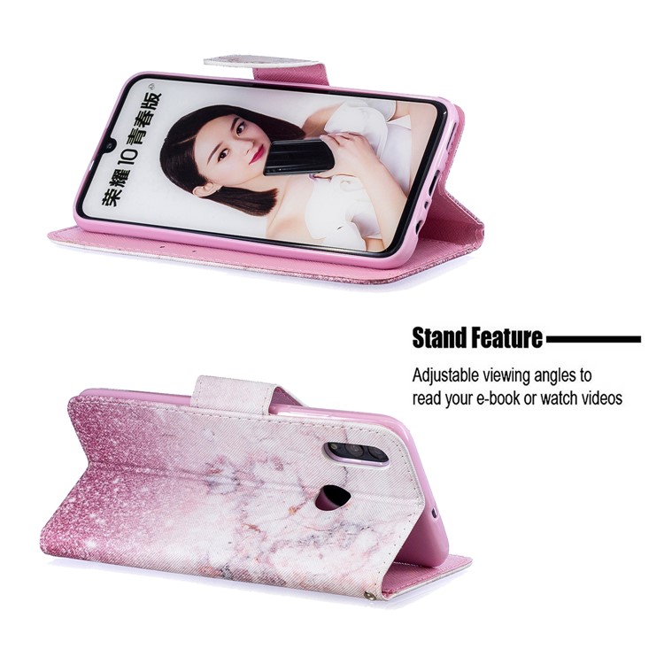 Patterned Leather Stand Protective Cover with Strap for Huawei Honor 10 Lite / P Smart (2019) - Pink Marble-5